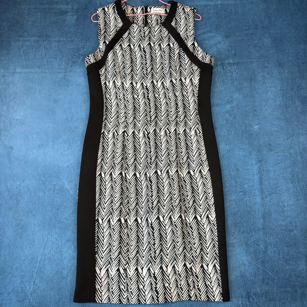 Calvin Klein Womens Black White Chevron Geometric Sleeveless Sheath Dress